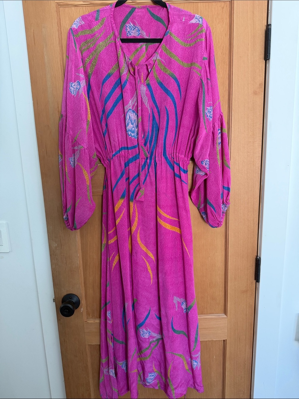 Silk Maxi Dress in Bright Fuchsia Pink with Multicolor Print